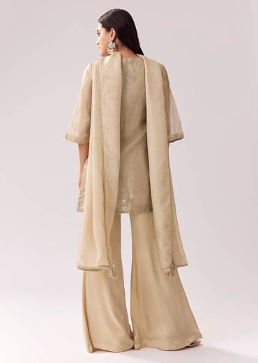 Ivory Beige Regal Combination – Sequin Palazzo Suit For Her And Off-White Threadwork Jodhpuri Set For Him