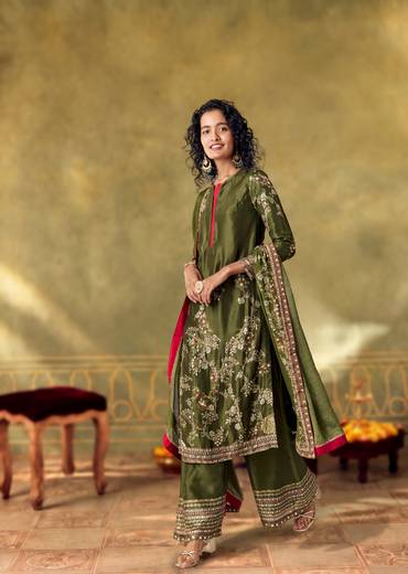Mehendi Green Printed Kurta Palazzo Set With Dupatta