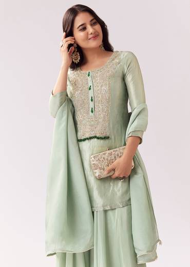Emerald Green Celebration Pair – Zardozi Palazzo Suit For Her And Pastel Green Embroidered Linen Kurta Set For Him