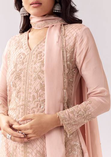 Pastel Pink Coordinated Look – Embellished Palazzo Suit For Her And Pink Chanderi Kashmiri Handwork Kurta For Him