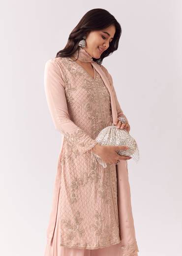 Pastel Pink Coordinated Look – Embellished Palazzo Suit For Her And Pink Chanderi Kashmiri Handwork Kurta For Him