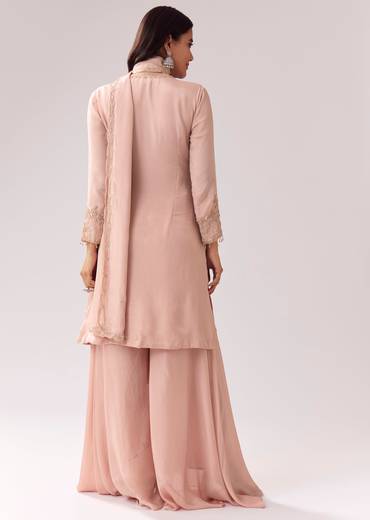 Pastel Pink Coordinated Look – Embellished Palazzo Suit For Her And Pink Chanderi Kashmiri Handwork Kurta For Him