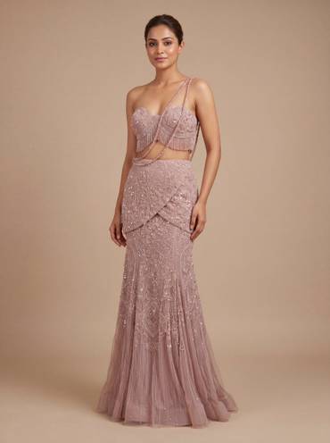 Mauve Contemporary Bridal Lehenga With Embellished Fitted Silhouette