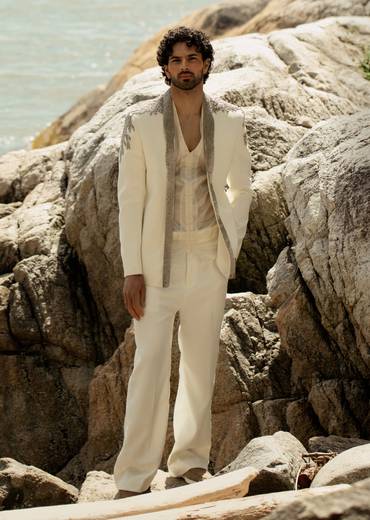 Ivory Tuxedo Set With Metallic Embroidered Blazer