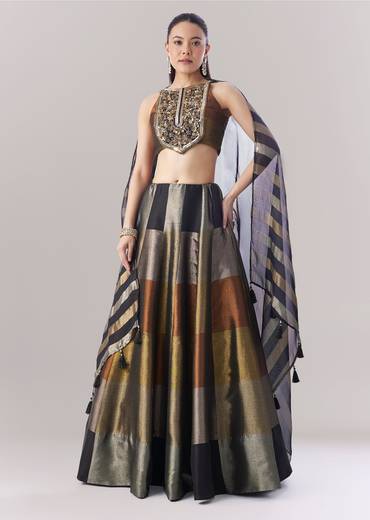 Black Colourblocked Lehenga With Sequins And Bead Work Choli