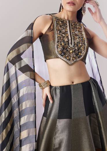 Black Colourblocked Lehenga With Sequins And Bead Work Choli