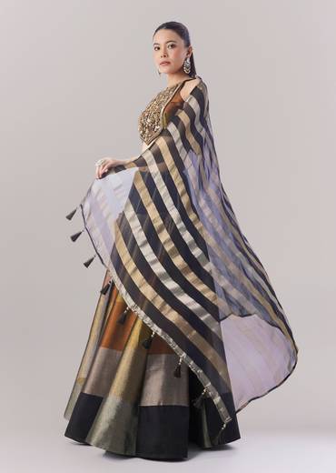 Black Colourblocked Lehenga With Sequins And Bead Work Choli