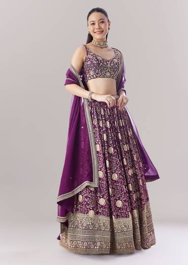 Purple Floral Printed Lehenga With Zari Work