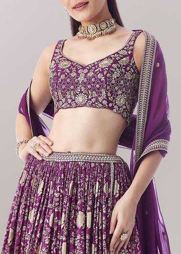 Purple Floral Printed Lehenga With Zari Work