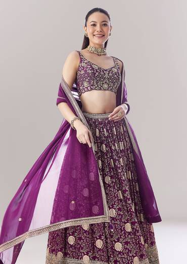 Purple Floral Printed Lehenga With Zari Work