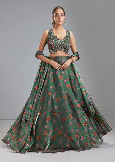Green Organza Tissue Floral Lehenga With Mirror Work Choli