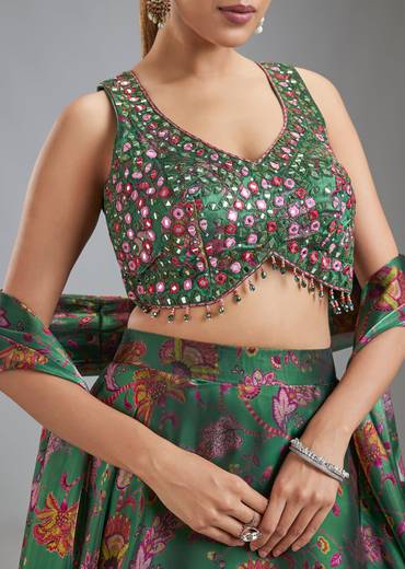 Green Organza Tissue Floral Lehenga With Mirror Work Choli