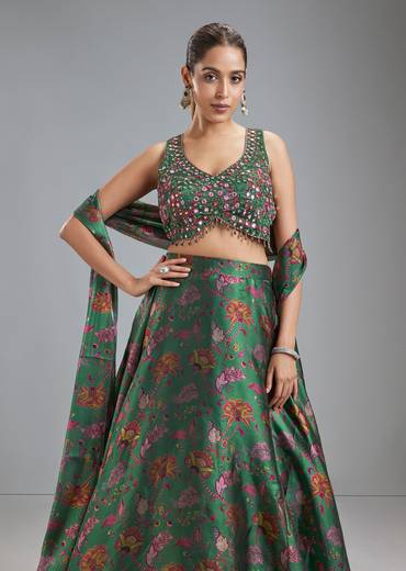 Green Organza Tissue Floral Lehenga With Mirror Work Choli
