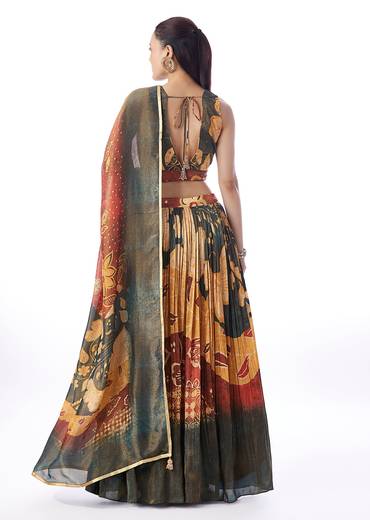 Deep Green Pair – Floral Lehenga For Her And Jacket Kurta Set For Him