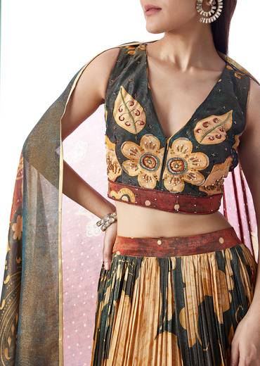 Deep Green Pair – Floral Lehenga For Her And Jacket Kurta Set For Him