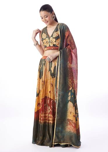 Deep Green Pair – Floral Lehenga For Her And Jacket Kurta Set For Him