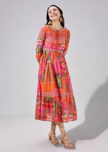 Orange Printed Cotton Dress With Belt