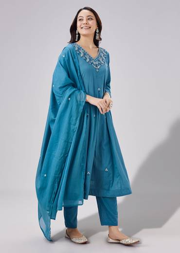 Blue Resham Embroidered Mulmul Anarkali Set With Dupatta
