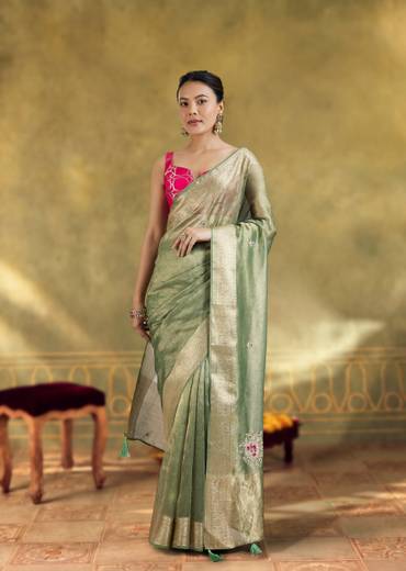 Pista Green Tissue Saree With Embroidered Butti