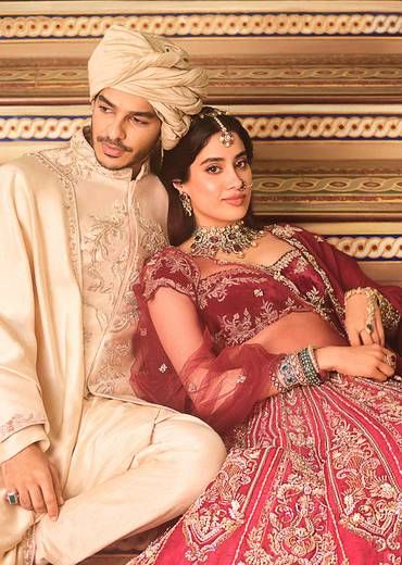 Janhvi Kapoor And Ishaan Khatter In Our Maroon Bridal Lehenga And Gold Sherwani