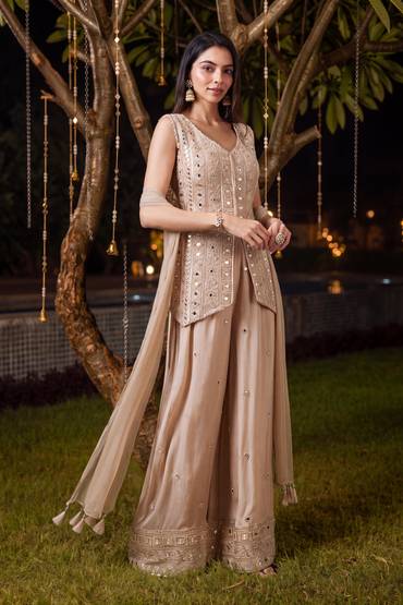 Champagne Gold Front Slit Palazzo Set With Mirror Cut Dana Embellishments