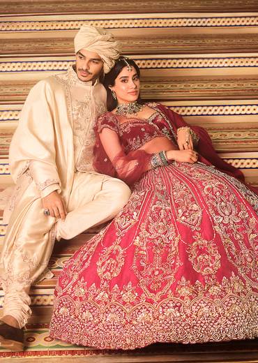Janhvi Kapoor In Our Maroon Velvet Bridal Lehenga With Tonal Applique Work