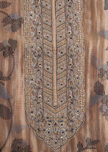 Brown Cotton Resham Thread Embroidered Dress Material Set