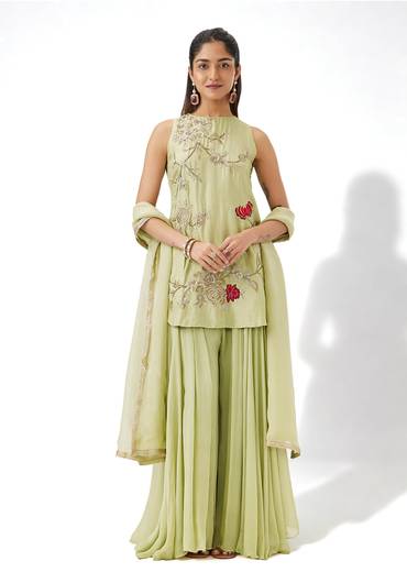 Green Russian Silk Palazzo Suit With Floral Zari And Thread Embroidery