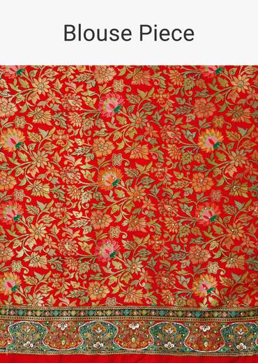 Red Dupion Silk Animal Motif Saree