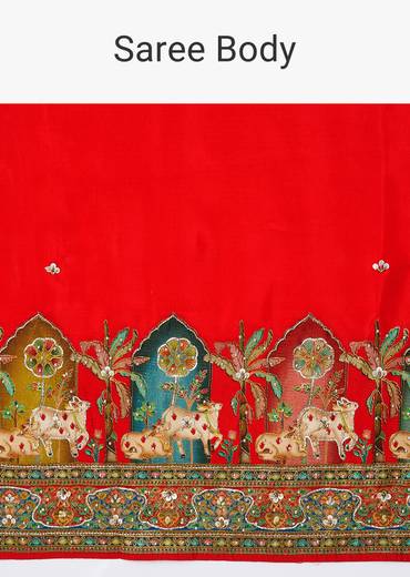 Red Dupion Silk Animal Motif Saree