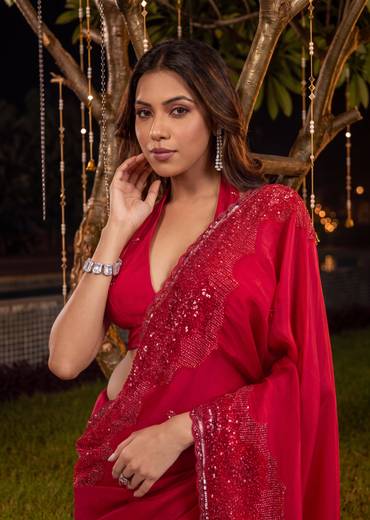 Red Silk Saree With Cut Dana And Sequin Embellished Lace Border