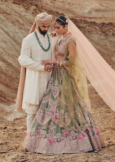 Regal Bloom - Zardosi & Pearl Bridal Lehenga For Her And Hand-Embroidered Sherwani For Him