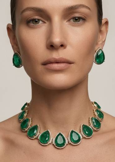 Emerald Green Stone Choker Set With Gold Finish