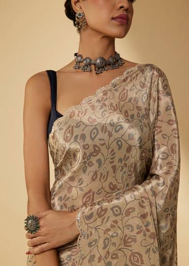 Cream Crepe Ajrakh Digital Printed Saree With Abla Embellished Border Pallu