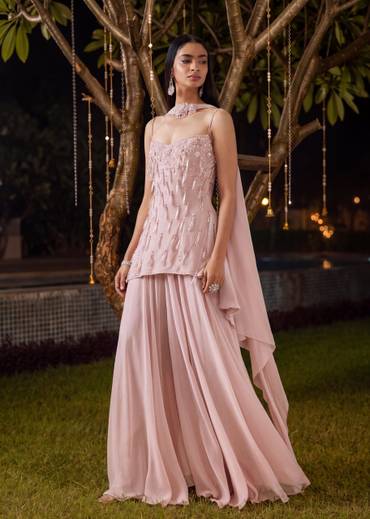 Pink Georgette Palazzo Suit Set With Fringe Detail