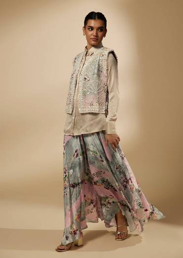 Beige Shirt With Floral Palazzo And Jacket Set