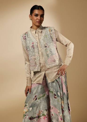 Beige Shirt With Floral Palazzo And Jacket Set