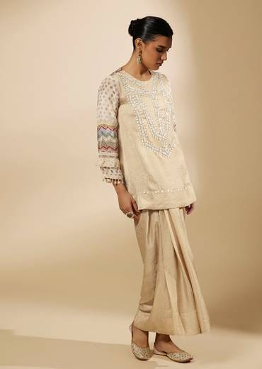 Beige Moti And Yoke Embroidered Kurti And Skirt Set