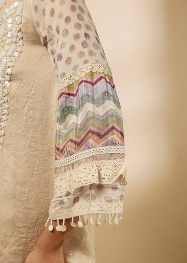 Beige Moti And Yoke Embroidered Kurti And Skirt Set