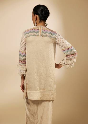 Beige Moti And Yoke Embroidered Kurti And Skirt Set