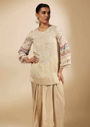 Beige Moti And Yoke Embroidered Kurti And Skirt Set