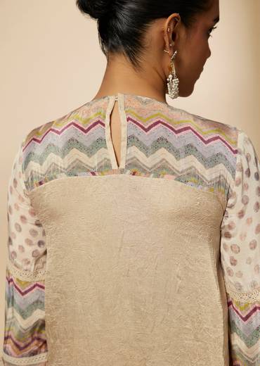 Beige Moti And Yoke Embroidered Kurti And Skirt Set