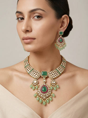 Emerald Polki Statement Necklace Set