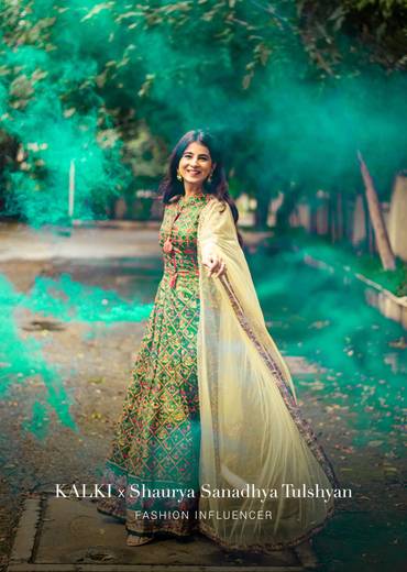 bottle green anarkali suit in raw silk with patola print and kundan detailing along with a yellow net dupatta online - kalki fashion 5 3