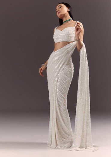 Silver Round Neck Blouse With Ready Drape Saree