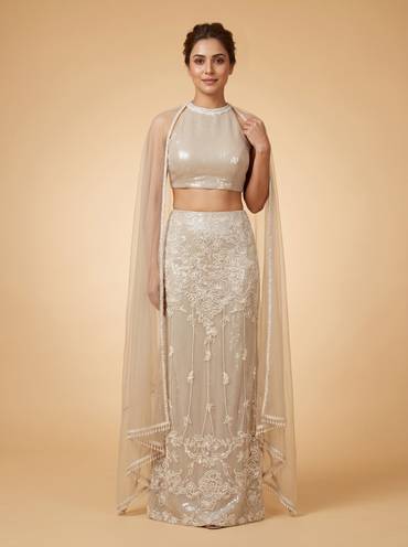 Silver Sequinned Net Indowestern Cape Set