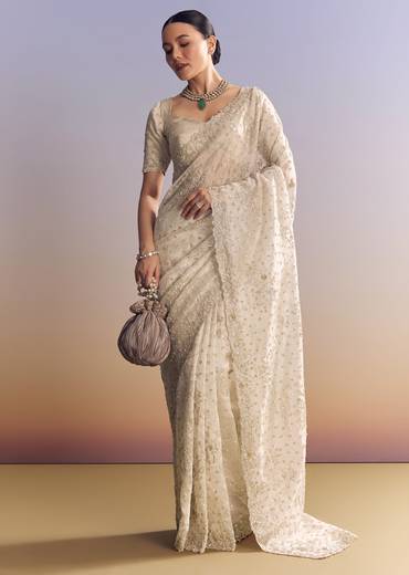 Silver Tissue Saree With Cutwork And Unstitched Embellished Blouse