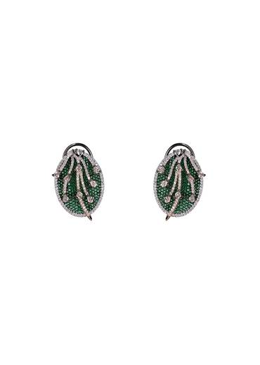 Silver-Tone Green Pave Oval Stud Earrings