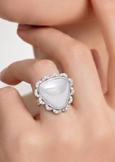 Silver Tone Oval Stone Solitaire Style Ring