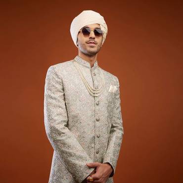 Silver Grey Sherwani Set In Tussar Silk